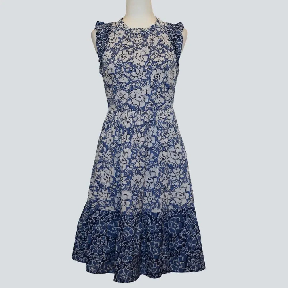 J.Crew Blue Floral Tiered Midi Dress Ruffle Size 6 Woodblock Indigo Cotton